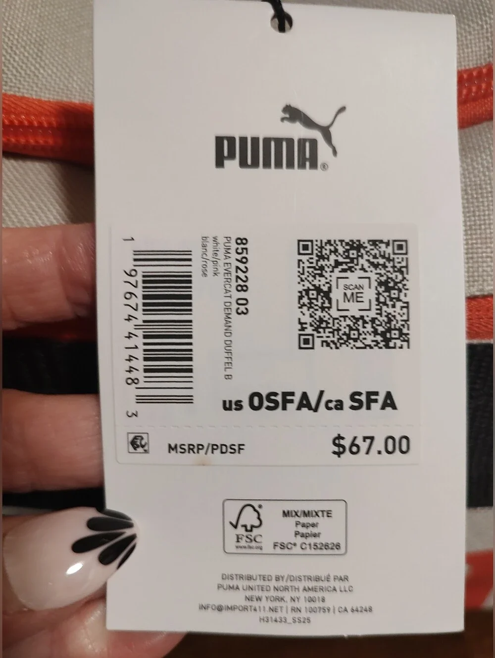 Puma Cream Duffel Bag with Pink Trim and Black Handles
